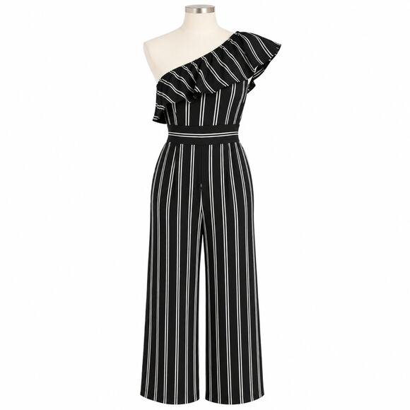 Laundry By Shelli Segal Pants - Laundry Shelli Segal Striped Black One Shoulder Ruffle Jumpsuit - Size 4